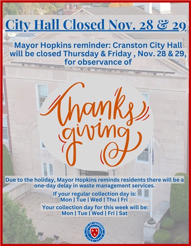 Mayor Hopkins Reminder: Cranston City Hall Closed Nov. 28 & 29 for Thanksgiving Holiday